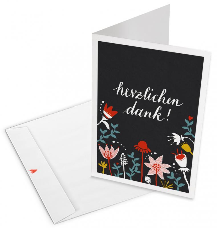 Dankeskarten im floralen folklore Design für Hochzeit, Taufe, Geburtstag, schwarz weiß bunt