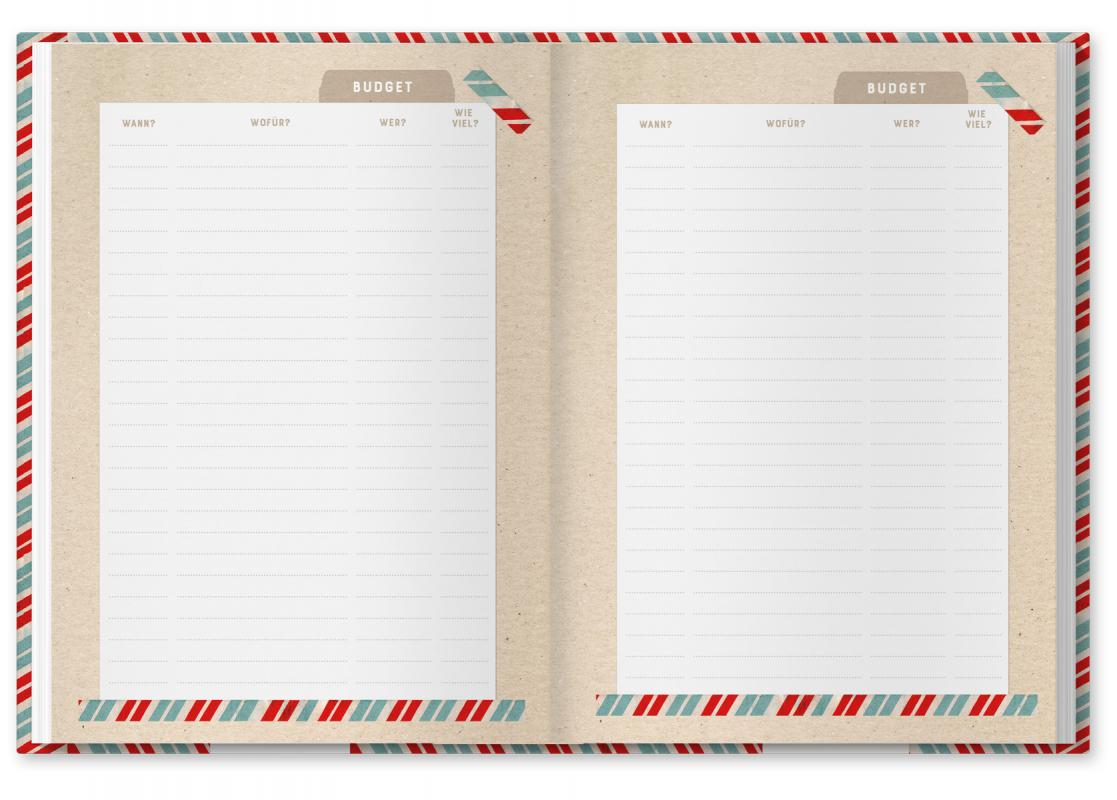 Beige blaues A5 Reisetagebuch mit Budget Planung und Checklisten