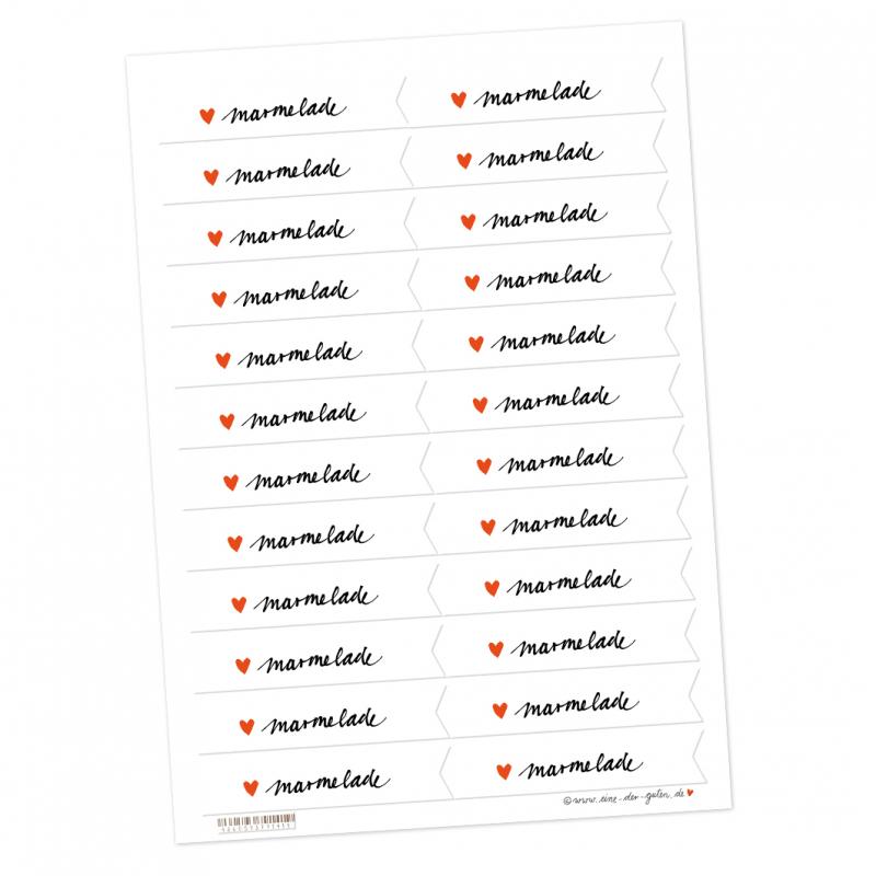 Marmeladenetiketten mit Herz - Weiß | 24 Wimpel Sticker im Handlettering Design | selbstklebende Etiketten für selbstgemachte Marmelade & Einmachgläser