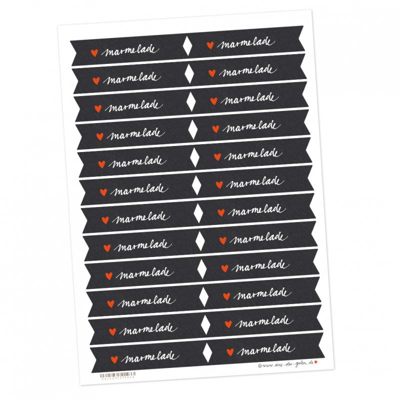 Marmeladenetiketten mit Herz - Schwarz Weiß | 24 Wimpel Sticker im Handlettering Design | selbstklebende Etiketten für selbstgemachte Marmelade & Einmachgläser