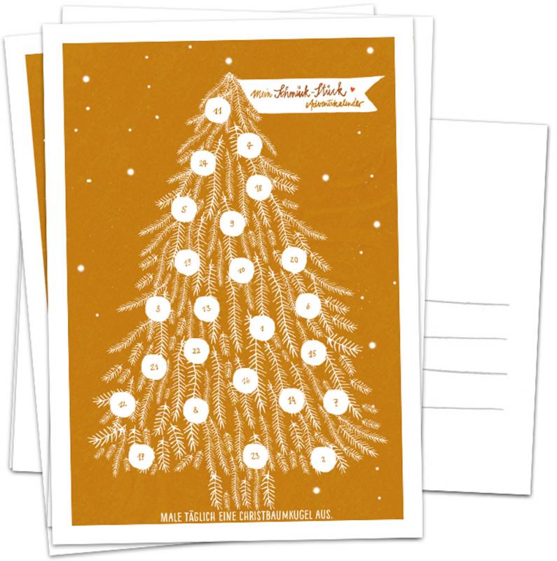 Adventkalender Postkarten im Weihnachtsbaum Design, Kupfer Weiß