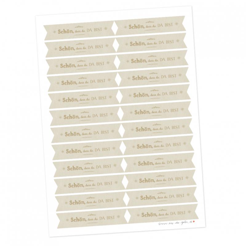 Sticker Schön dass du da bist - Wimpel Aufkleber für Hochzeit Gastgeschenke im retro Design, Creme