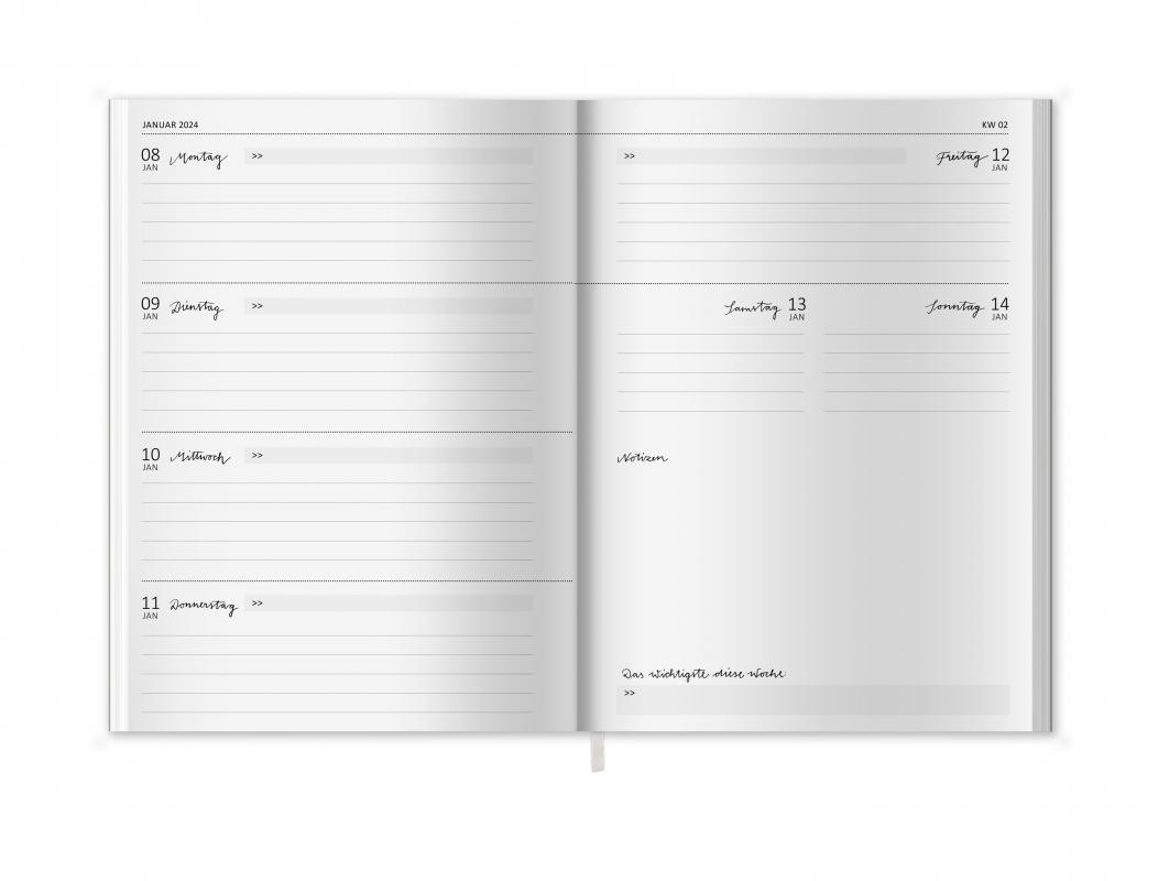 A5 Terminkalender 2024 mit blanko Seiten für Skizzen, Doodles, Bullet Journaling