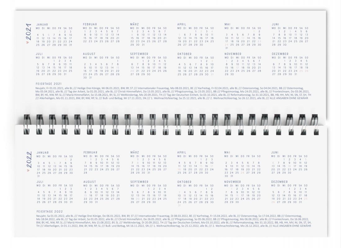 Tischkalender 2021 2022 inkl. Feiertage und Ferien, blau rosa mit Blumen