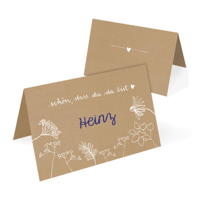 Tischkarten Beige Weiß mit Wildblumen im modernen retro Design für Hochzeit & Mädchen Taufe