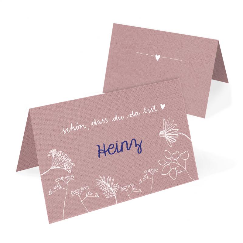 Tischkarten Rosa Weiß mit Wildblumen im modernen retro Design für Hochzeit & Mädchen Kommunion