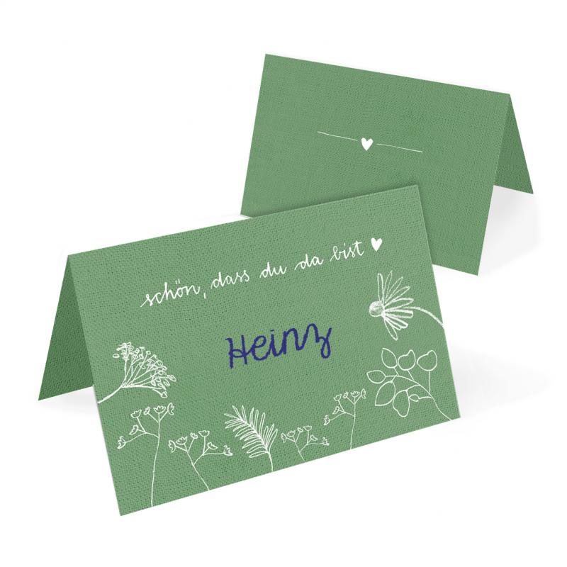 Grün Weiße Tischkarten mit Wildblumen im modernen retro Design für Hochzeit & Kommunion