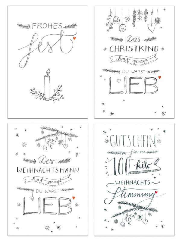 Postkarten Mix zu Weihnachten mit Handlettering Sprüchen.
