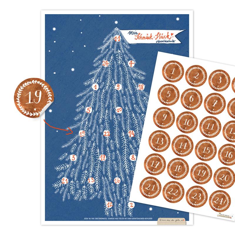 weihnachten, adventskalender, advent, weihnachtsdeko, adventszahlen, adventssticker, weihnachtssticker, aufkleber, etiketten, weihnachtsbaum, tannenbaum, christbaumschmuck, schmücken, wanddeko, bütte, A3, poster, plakat, schmück, stück, blau, weiß, kupfer