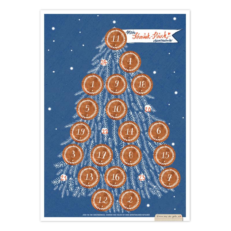 weihnachten, adventskalender, advent, weihnachtsdeko, adventszahlen, adventssticker, weihnachtssticker, aufkleber, etiketten, weihnachtsbaum, tannenbaum, christbaumschmuck, schmücken, wanddeko, bütte, A3, poster, plakat, schmück, stück, blau, weiß, kupfer