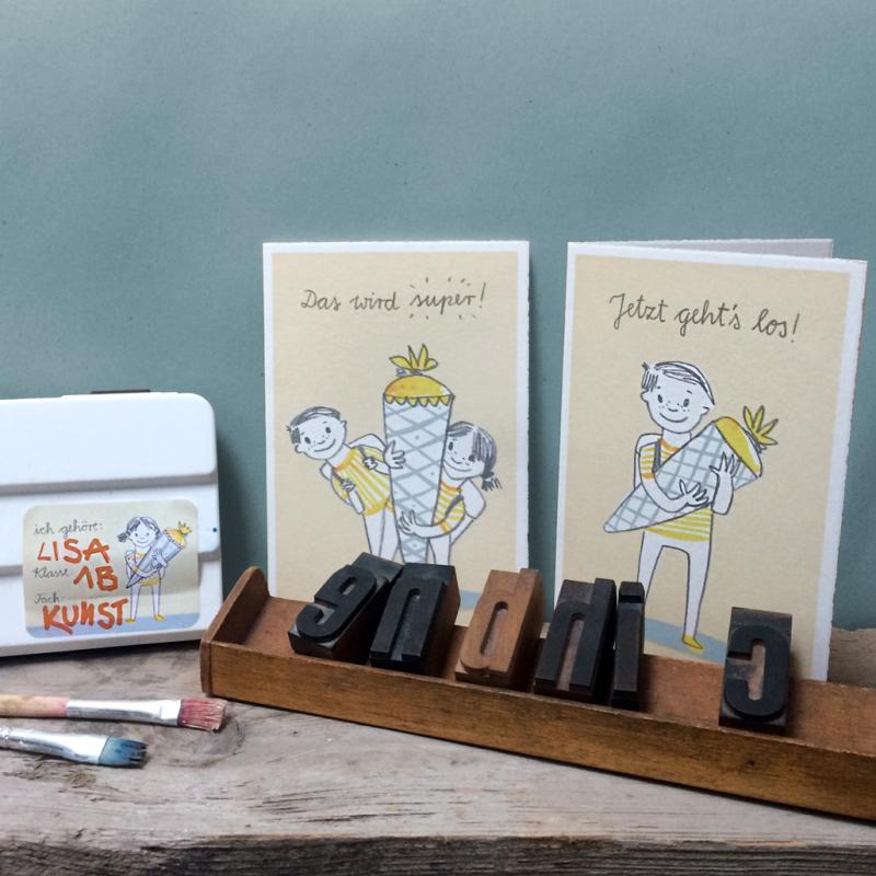 Grußkarte zum Schulanfang für Mädchen und Jungen Beige