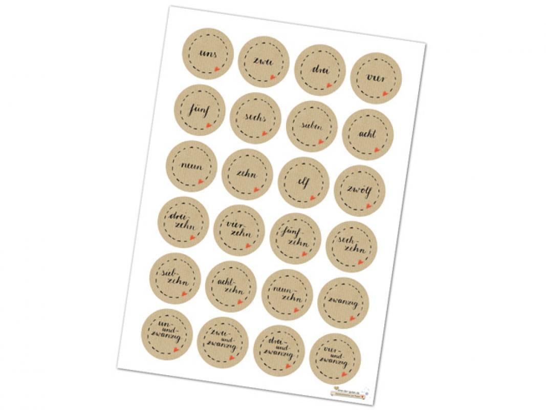 Zahlensticker Adventskalenderzahlen Kraftpapier Optik beige braun 4cm