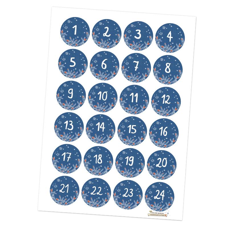 Adventskalenderzaheln Sticker in Blau Rot Weiß mit Sternen & Zweigen