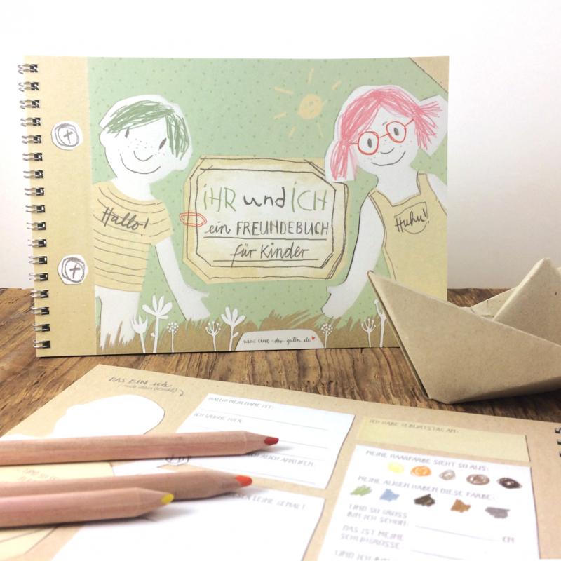 Freundebuch für Kinder Zur Einschulung, Schulanfang im Vintage Look, Grün Beige