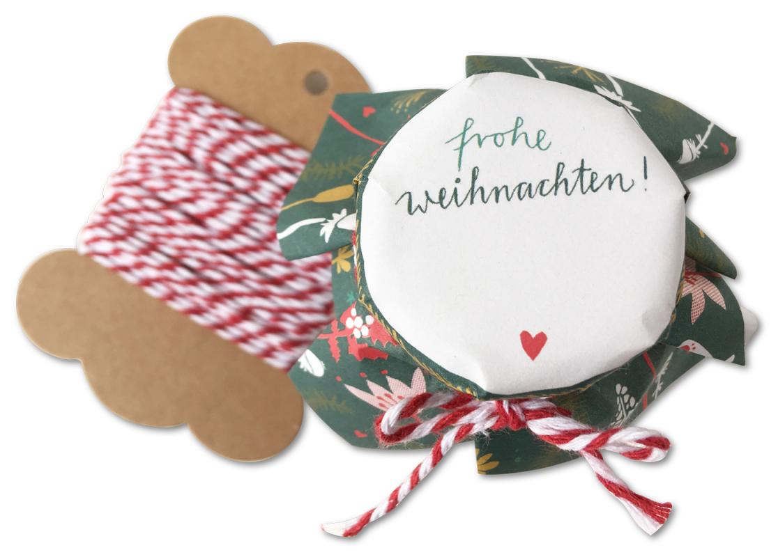 Marmeladendeckchen für selbstgemachte Marmelade als Weihnachtsgeschenk mit Aufschrift: Frohe Weihnachten