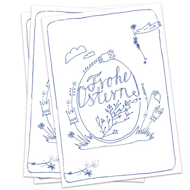 ostern osterkarte ostergrüße frohe ostern kalligrafie design blau weiß witzig