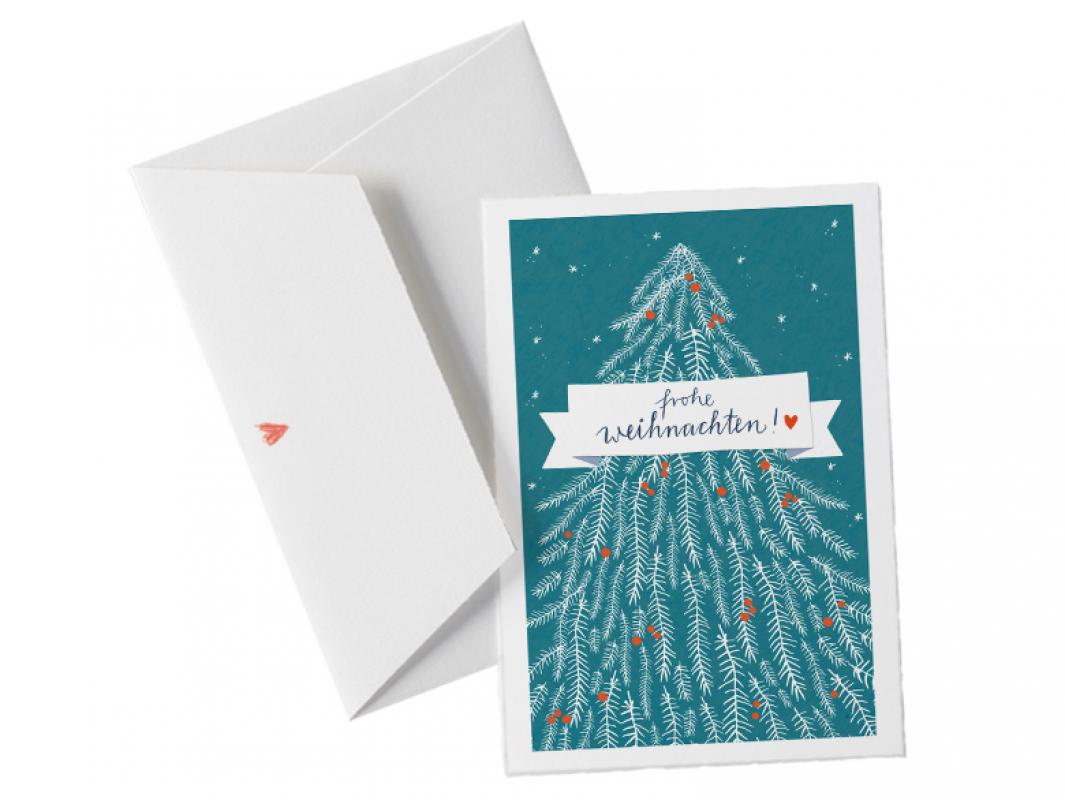 Hochwertige Weihnachtsgrußkarte | originelle Frohe Weihnachten! Weihnachtskarte | Bütte mit Umschlag | Vintage Design, Blau Weiß | Edel & individuell
