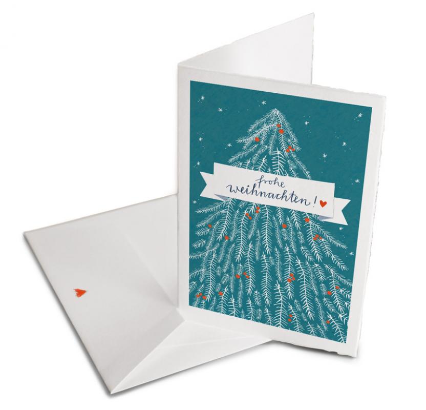 Hochwertige Weihnachtsgrußkarte | originelle Frohe Weihnachten! Weihnachtskarte | Bütte mit Umschlag | Vintage Design, Blau Weiß | Edel & individuell