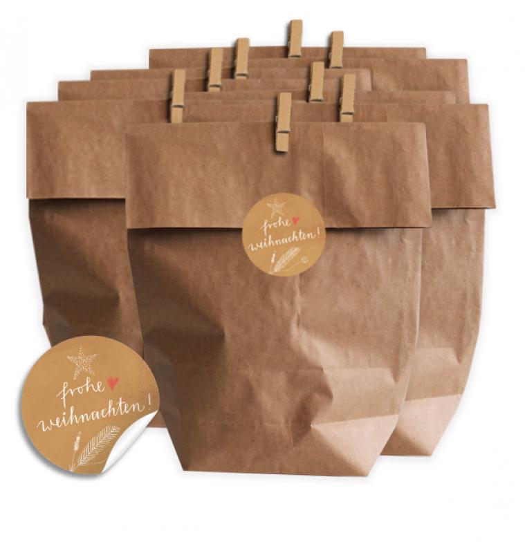 Geschenktüten Set Frohe Weihnachten mit Stickern Klammern Kraftpapier Tüten Pastell Kupfer