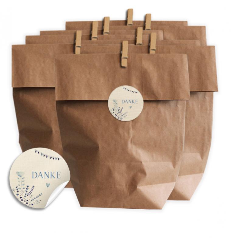 24 Geschenktüten - Danke - Set mit Miniklammern und Geschenk Aufkleber für Plätzchen, Gastgeschenke, etc. als Tischdeko oder kleines Dankeschön für Hochzeit, Geburtstag, Taufe in Creme Beige Blau