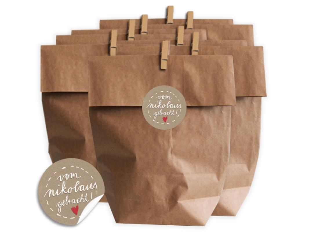 Nikolaus Tütenset zum Geschenke schön verpacken mit Geschenkaufkleber in Beige