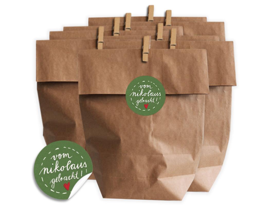 Nikolaus Tütenset zum Geschenke schön verpacken mit Geschenkaufkleber in Grün