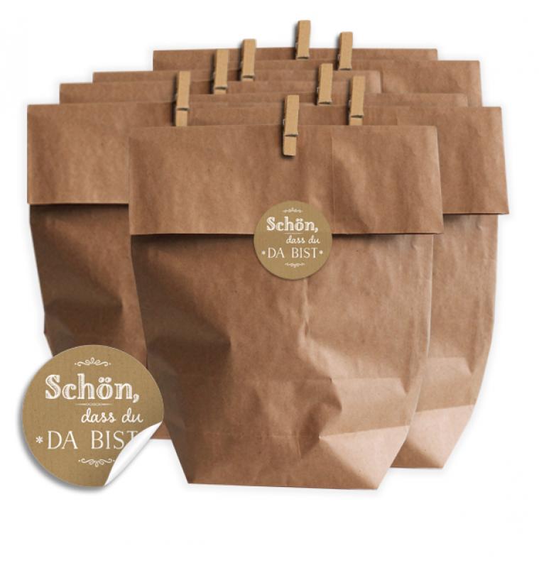 24 Geschenktüten - Set - für Kekse, Plätzchen, Gastgeschenke, etc. mit Schön, dass du da bist - Aufkleber - Chic Beige -