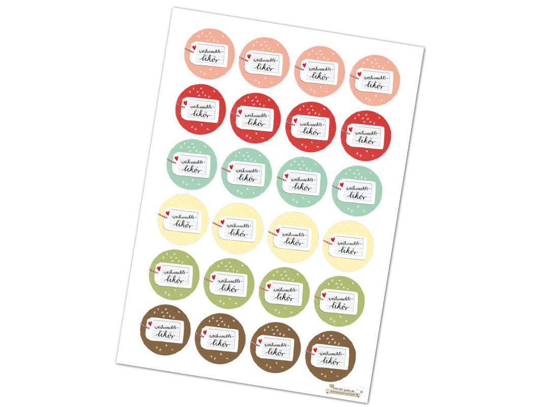 24 Etiketten für Weihnachts - Likör Pastell Mix, 24 runde Sticker in 6 Farben für selbstgemachten Likör, Weihnachtsgeschenke, Mitgebsel etc., 4cm rund