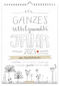 A4 Bastelkalender 2023, Fotokalender, Kreativkalender, Geburtstagskalender im Bleistift Diy Design, Grau Weiß mit Blumenwiese