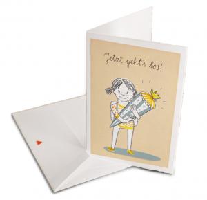Grußkarte zur Einschulung für Mädchen Beige Blau