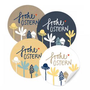 24 gemischte Ostersticker Frohe Ostern mit Blumen, 4 Motive in Beige Blau Gelb Weiß