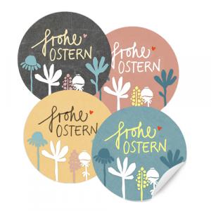 24 gemischte Ostersticker Frohe Ostern mit Blumen, 4 Motive in Grau Rosa Gelb Blau