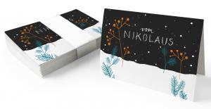 Geschenkanhänger vom Nikolaus, Schnee Weiß Schwarz Petrol, mini Klappkarten zum beschriften deiner Weihnachtsgeschenke