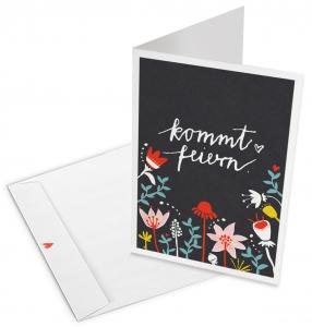 Einladungskarten im floralen folklore Design für Geburtstag, Sommerfest, schwarz weiß bunt
