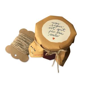 Marmeladendeckchen für selbstgemachte Seelenwärmer, Gelb Blau Creme im DIY Handlettering Design