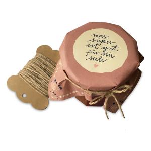 Marmeladendeckchen für selbstgemachte Seelenwärmer, Rosa Blau Creme im DIY Handlettering Design