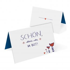 Tischkarten mit Blumen für die Hochzeit, Taufe, Kommunion, Weiß Blau Rot