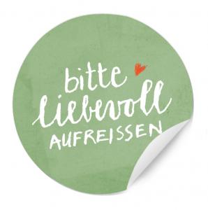 bitte liebevoll aufreißen - geschenkaufkleber mit Herz lustig grün