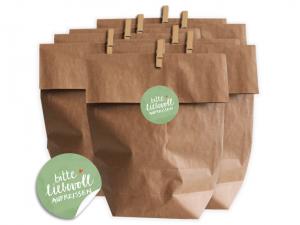 24 Geschenktüten Set mit - Bitte liebevoll aufreißen - Aufkleber, Klammern und Papiertüten