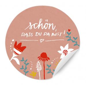 Schön, dass du da bist Sticker für Hochzeit Gastgeschenke mit Blumen, Rosa Weiß Rot