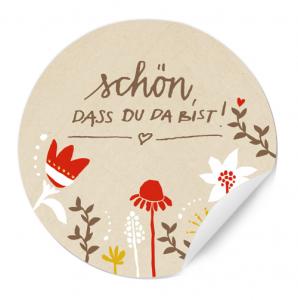 Schön, dass du da bist Sticker für Hochzeit Gastgeschenke mit Blumen, Creme Weiß Rot