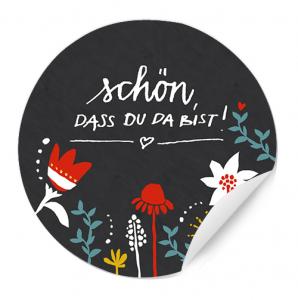 Schön, dass du da bist Sticker für Hochzeit Gastgeschenke mit Blumen, Schwarz Weiß Bunt